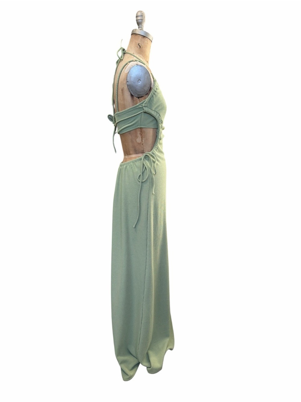 SABO Bella Ribbed Stretchy Halter Maxi Dress in Sage Green Size M Wedding Guest - Picture 5 of 8